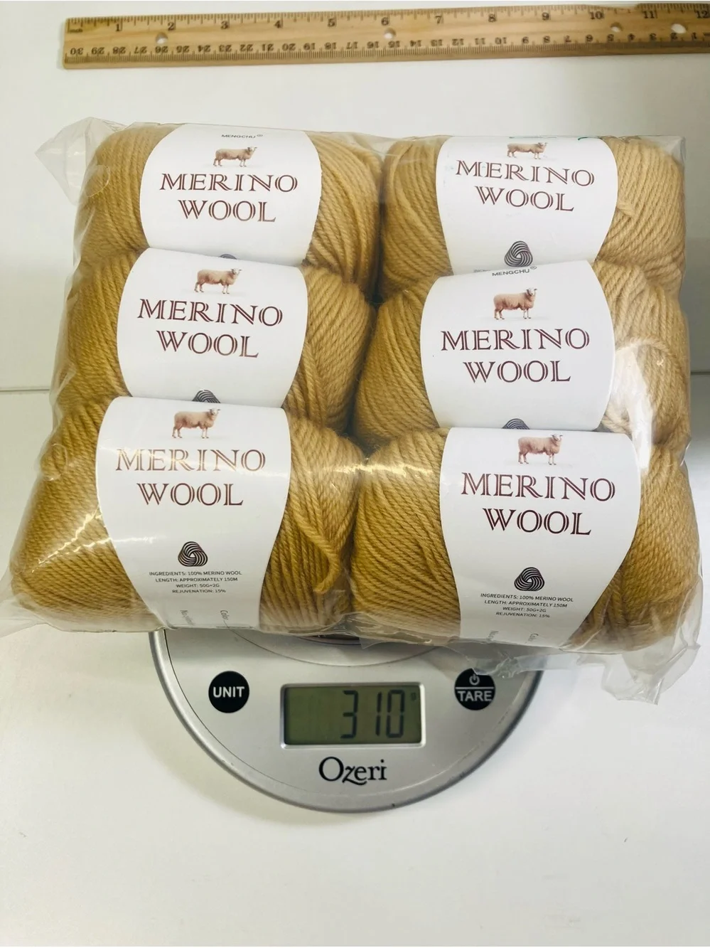 6 NWT ~300g Mengchu 100% Merino Wool Yarn color: Pale Gold